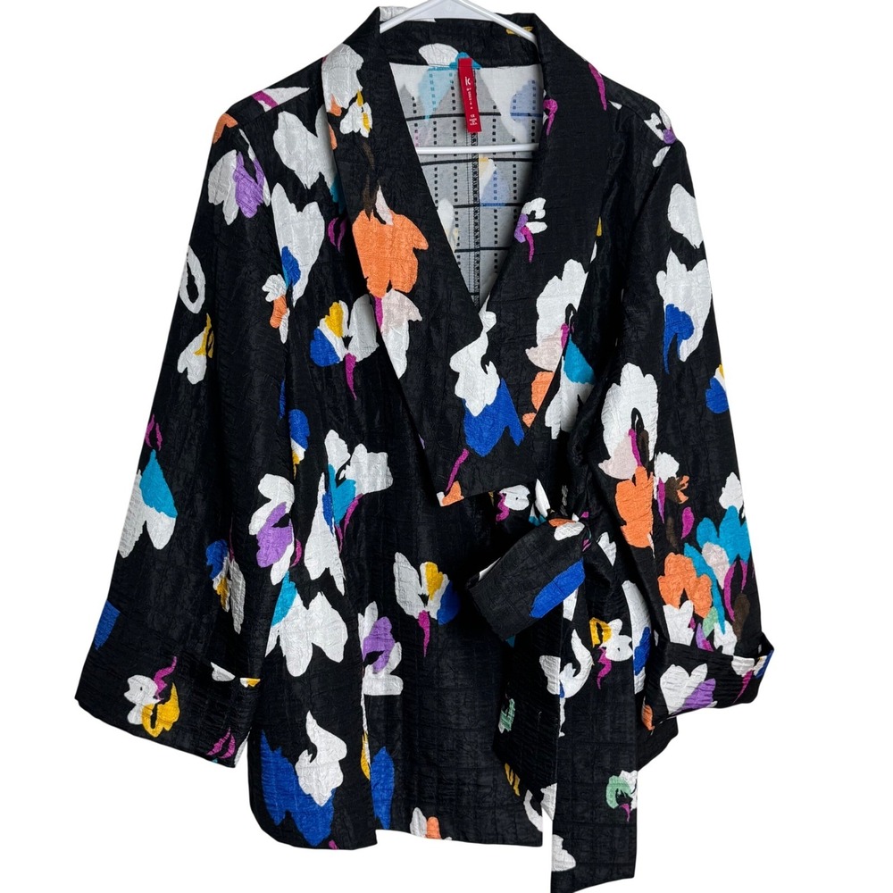 IC BY CONNIE K Womens 1X Black Floral Print Wrap Kimono Jacket‎ Made in USA